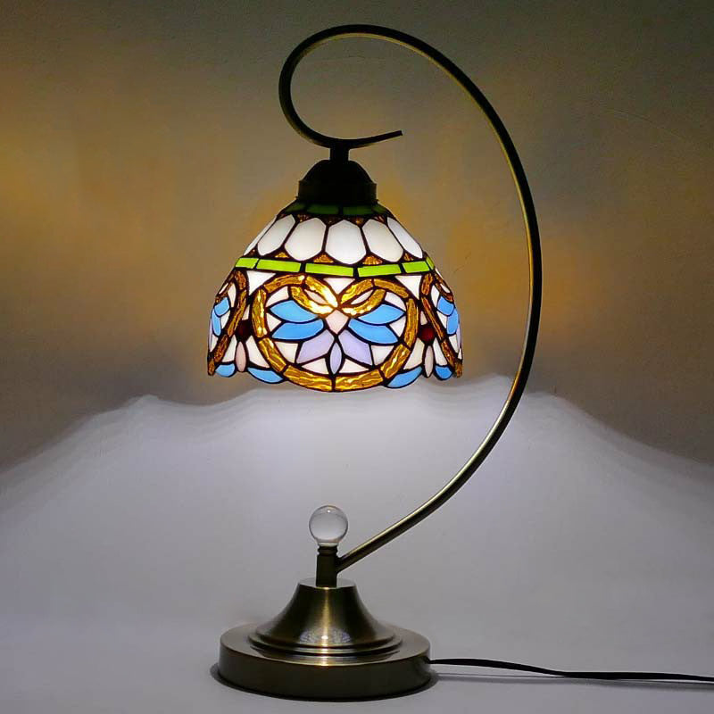 Tiffany Gooseneck Table Lamp - Metal Nightstand Lamp with Hand-Carved Glass Shade