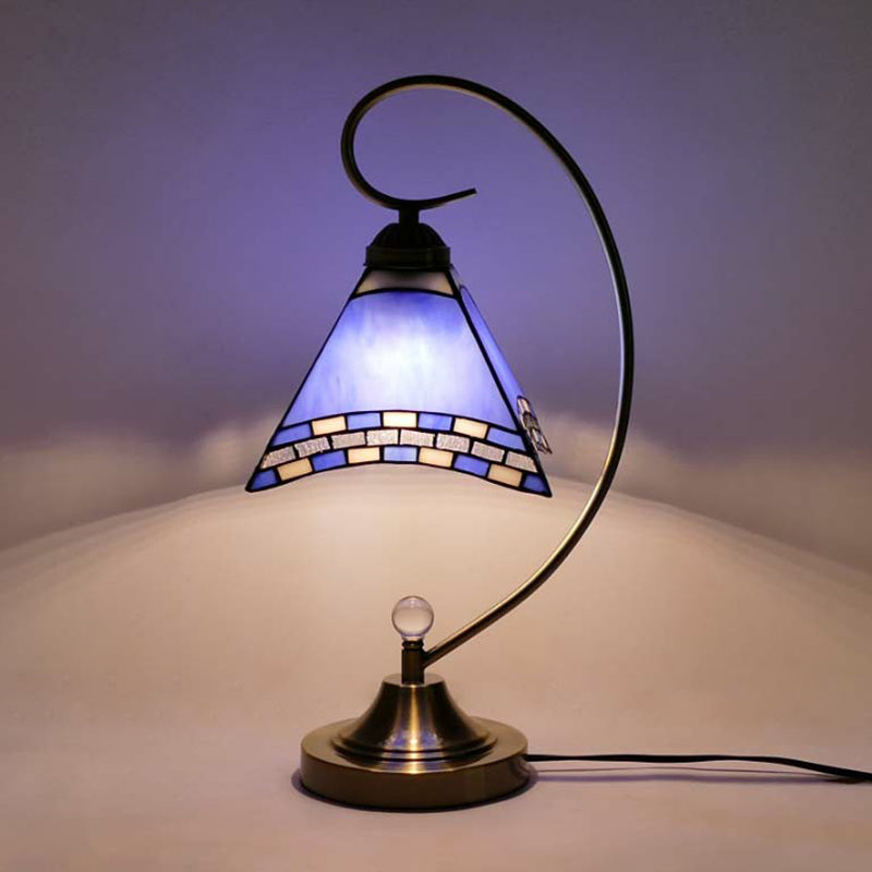 Tiffany Gooseneck Table Lamp - Metal Nightstand Lamp with Hand-Carved Glass Shade