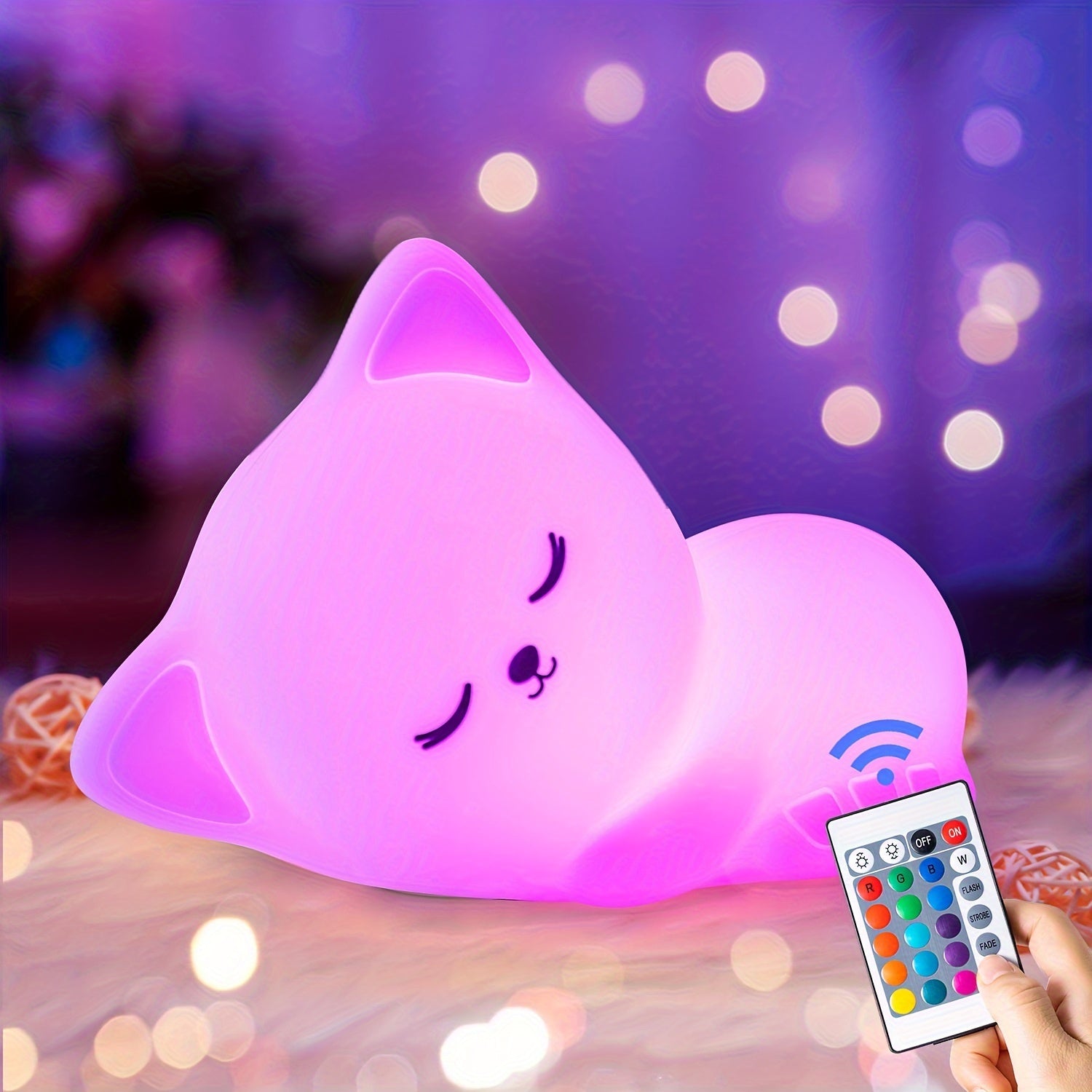 KittyGlow - Cute Cat Night Light with Remote Control and USB Rechargeable Silicone Lamp