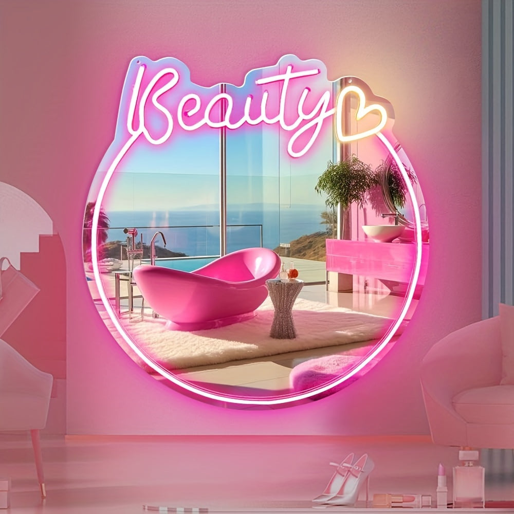 Espelho Beauty Neon - Montagem na Parede, Luz de Espelho Alimentada por USB para Quarto de Raparigas ou Salão de Beleza