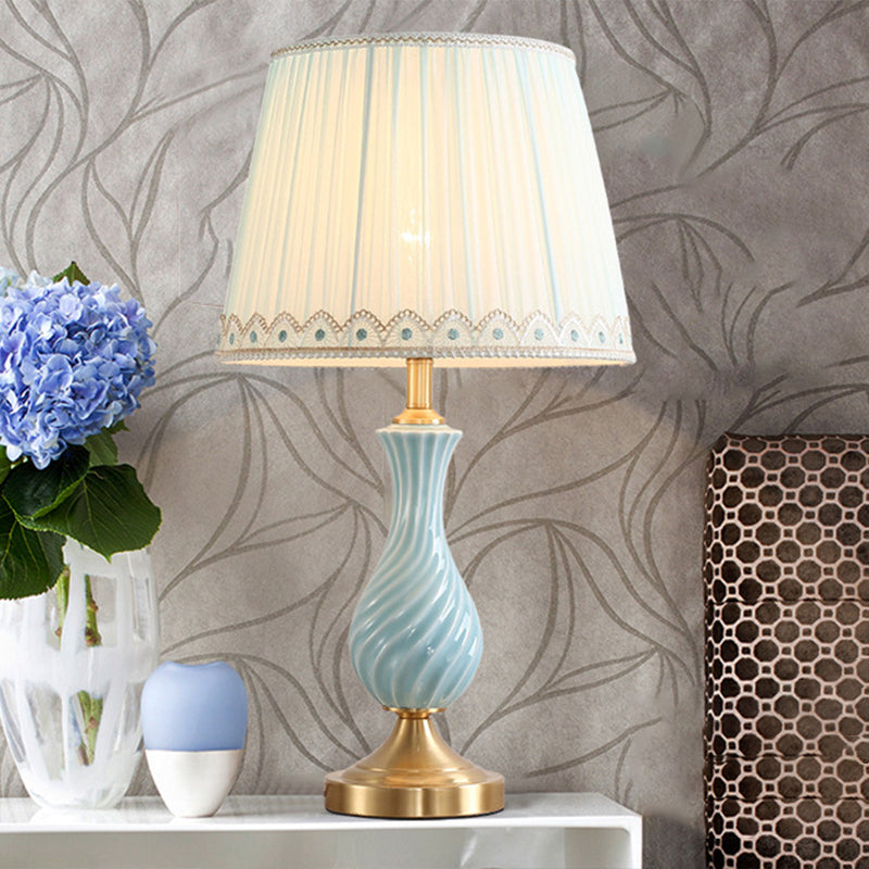Blue Vase Nightstand Lamp - Modern Ceramic Table Lamp with Pleated Fabric Shade