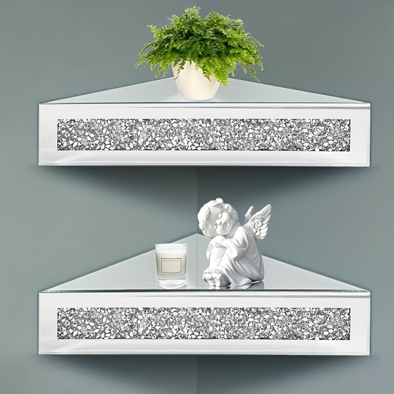 CrystalGlam - Floating Corner Shelf Set with Glass and Mirror Finish for Bedroom