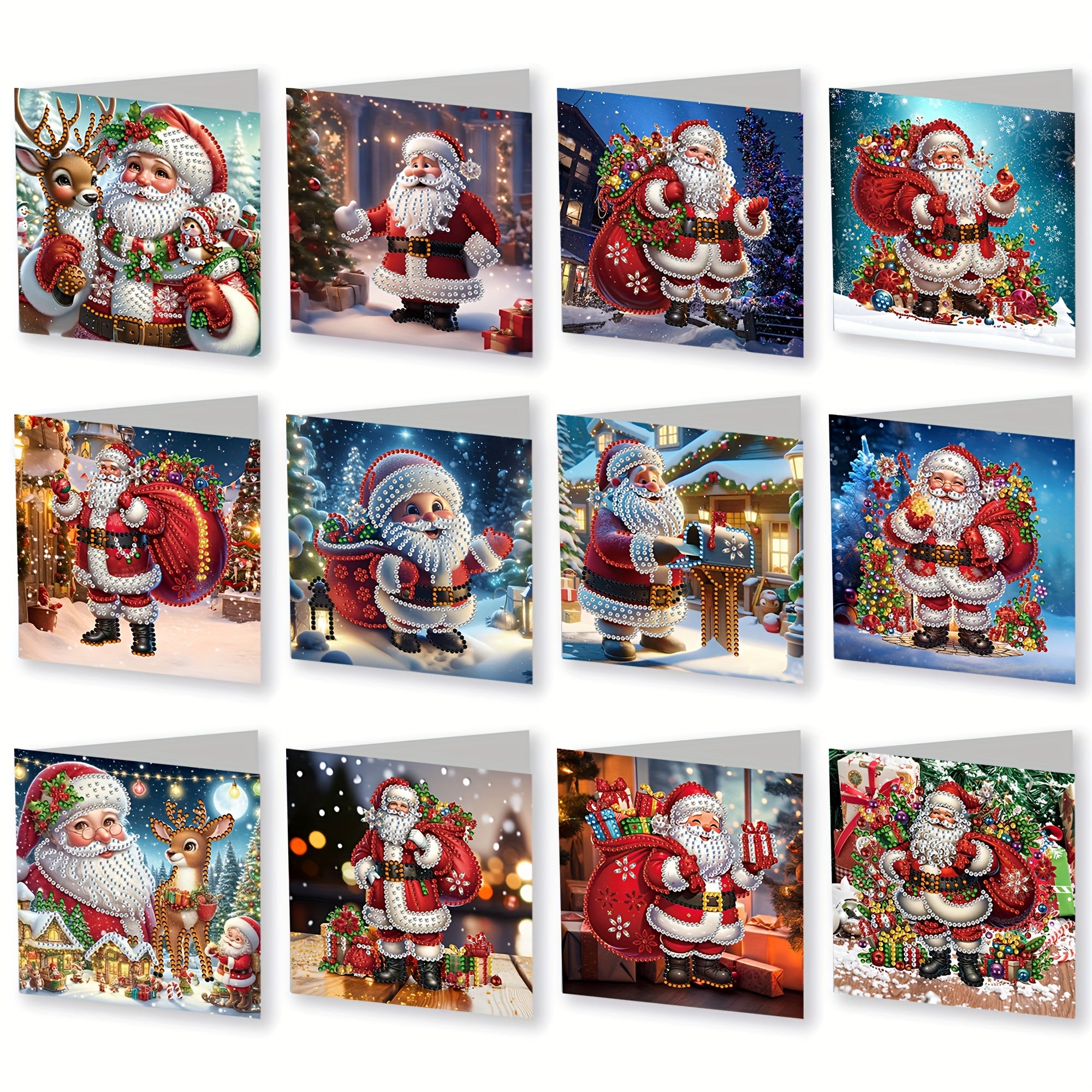 Kit de pintura de diamantes de 12 piezas - Tarjetas de saludo navideñas de Santa Claus con diseños únicos, perfectas para enviar cálidos deseos a familiares y amigos