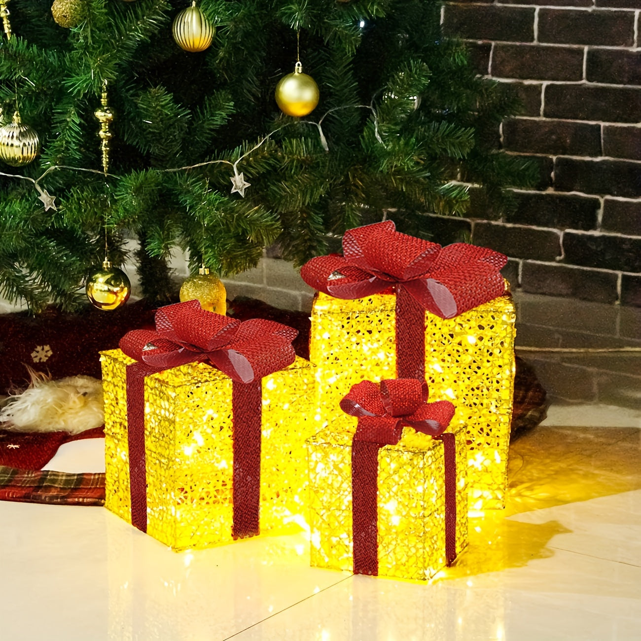 GlowGifts - Set di 3 Scatole Regalo di Natale Illuminati con Fiocchi