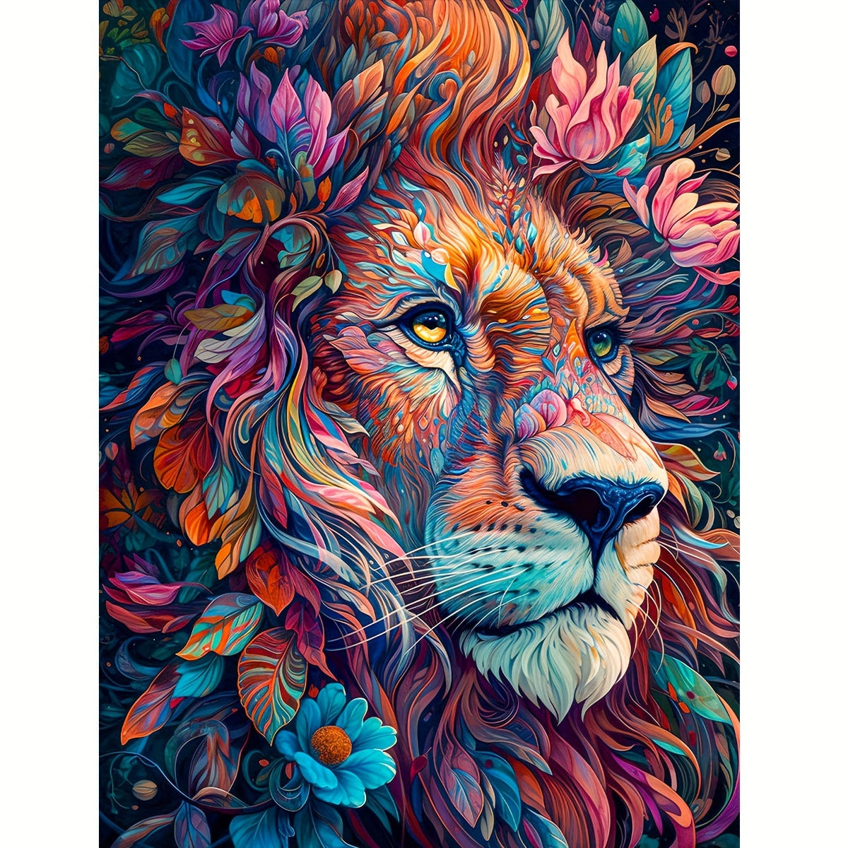 Pittura Diamante Leone Fiori - Ricamo Diamante Arte Animale