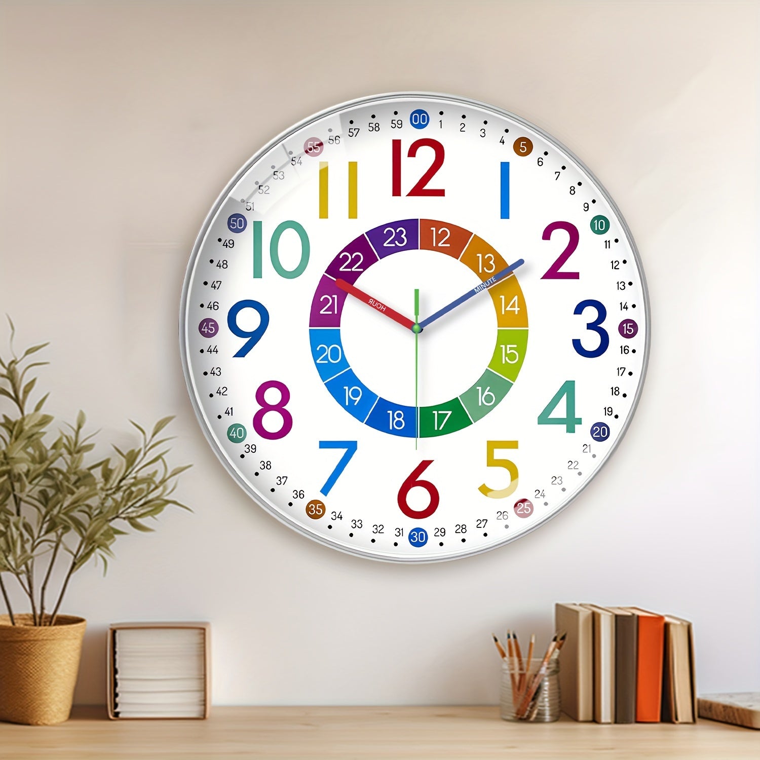 Silent Educational Wall Clock with Colorful Hands