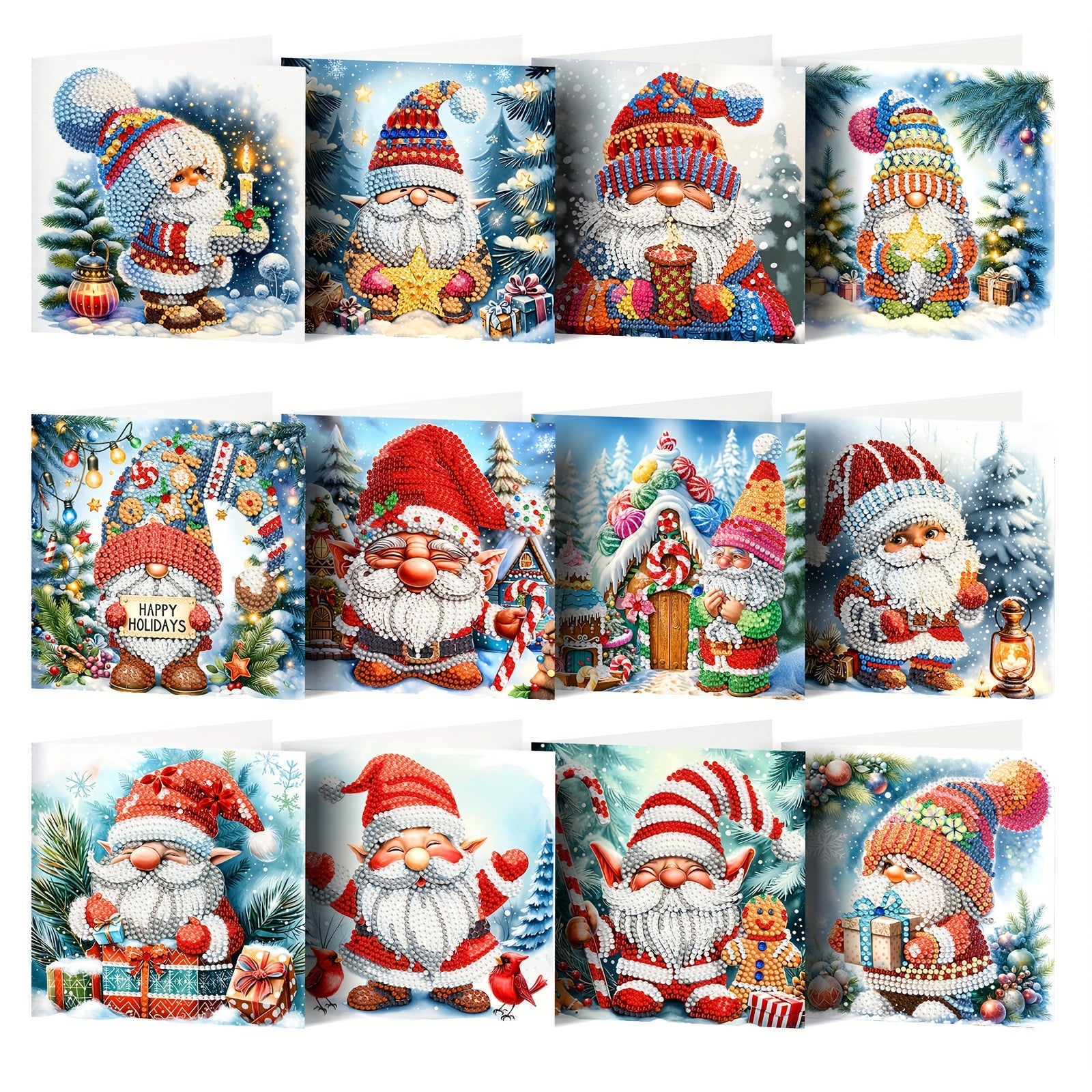 12 piezas Tarjetas de Felicitación Navideñas de Pintura de Diamante 5D DIY con Sobres - Hechas a Mano, Exquisitos Diseños de Santa Claus en Estilo Caricatura para Familia y Amigos