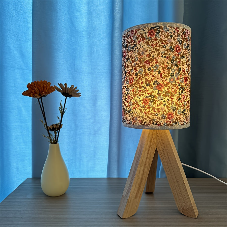 HoutLicht - Lampada da Tavolo Moderna in Legno con Paralume in Tessuto, Alimentata via USB, Lampada Notturna LED con Pulsante Push