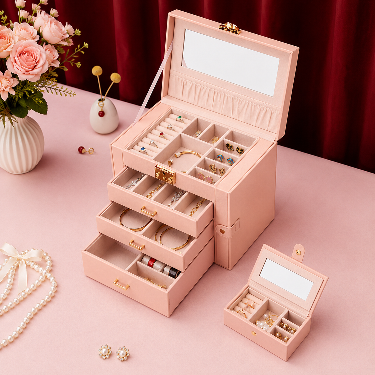 Scatola Portagioie Organizer per Regalo Festa della Mamma con Cassetto e Specchio Armadietto Portaoggetti