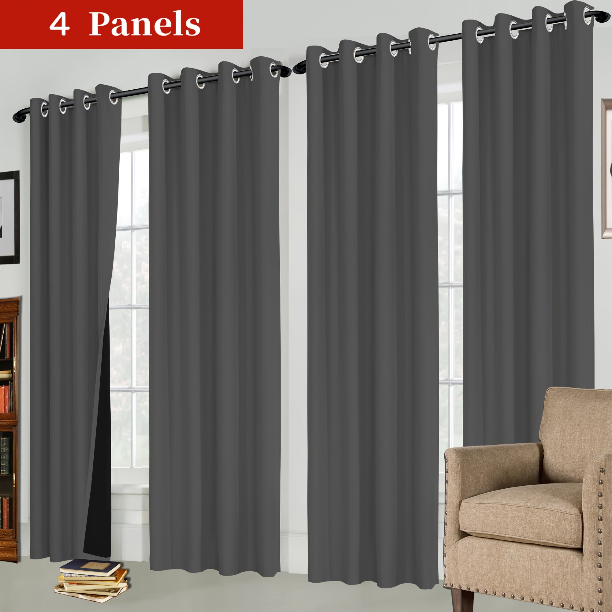 4-piece Set of Blackout Curtains with Rings - Heat Insulating, Privacy Protection