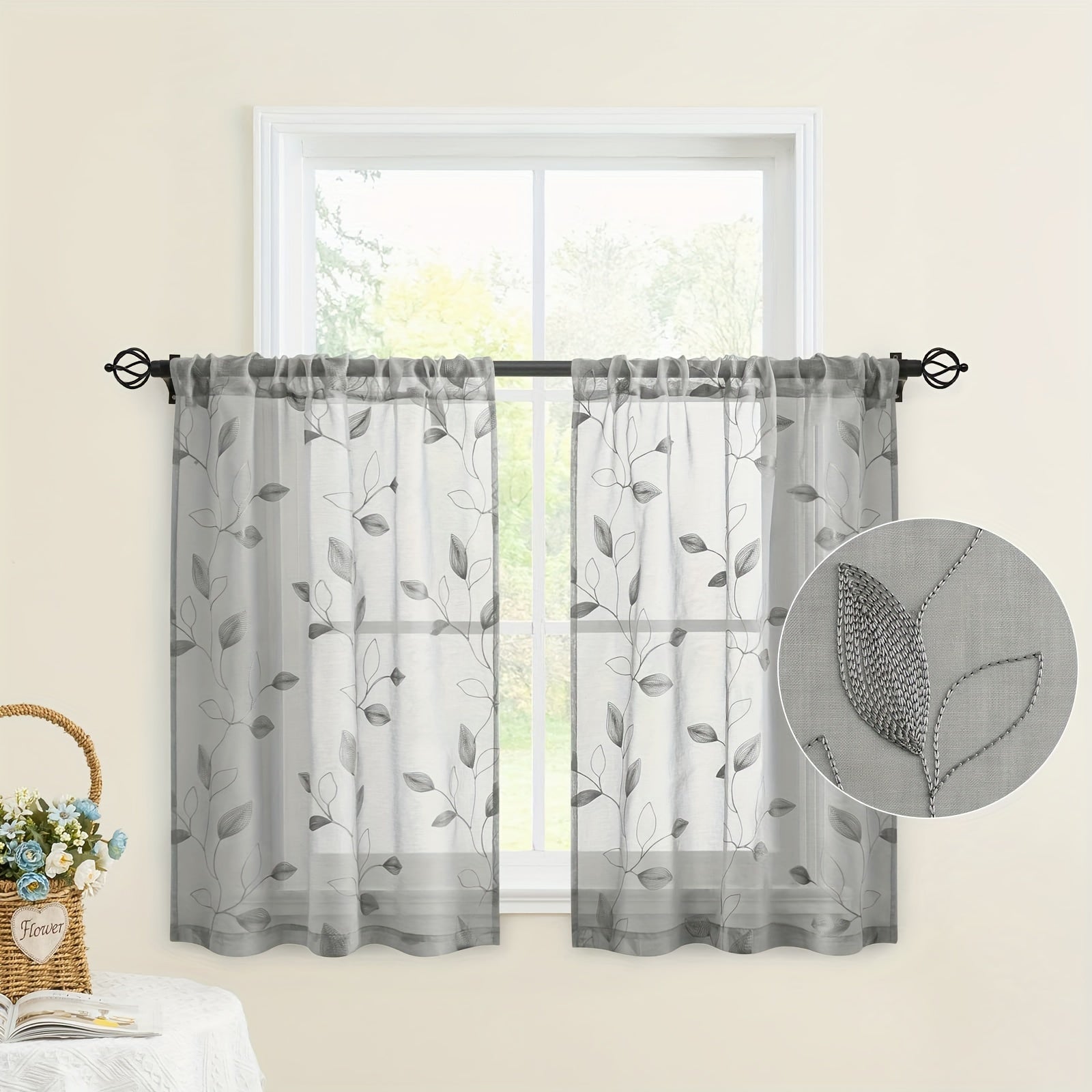 Embroidered Curtains with Leaves - 2 Pieces Semi-transparent for Bedroom and Living Room