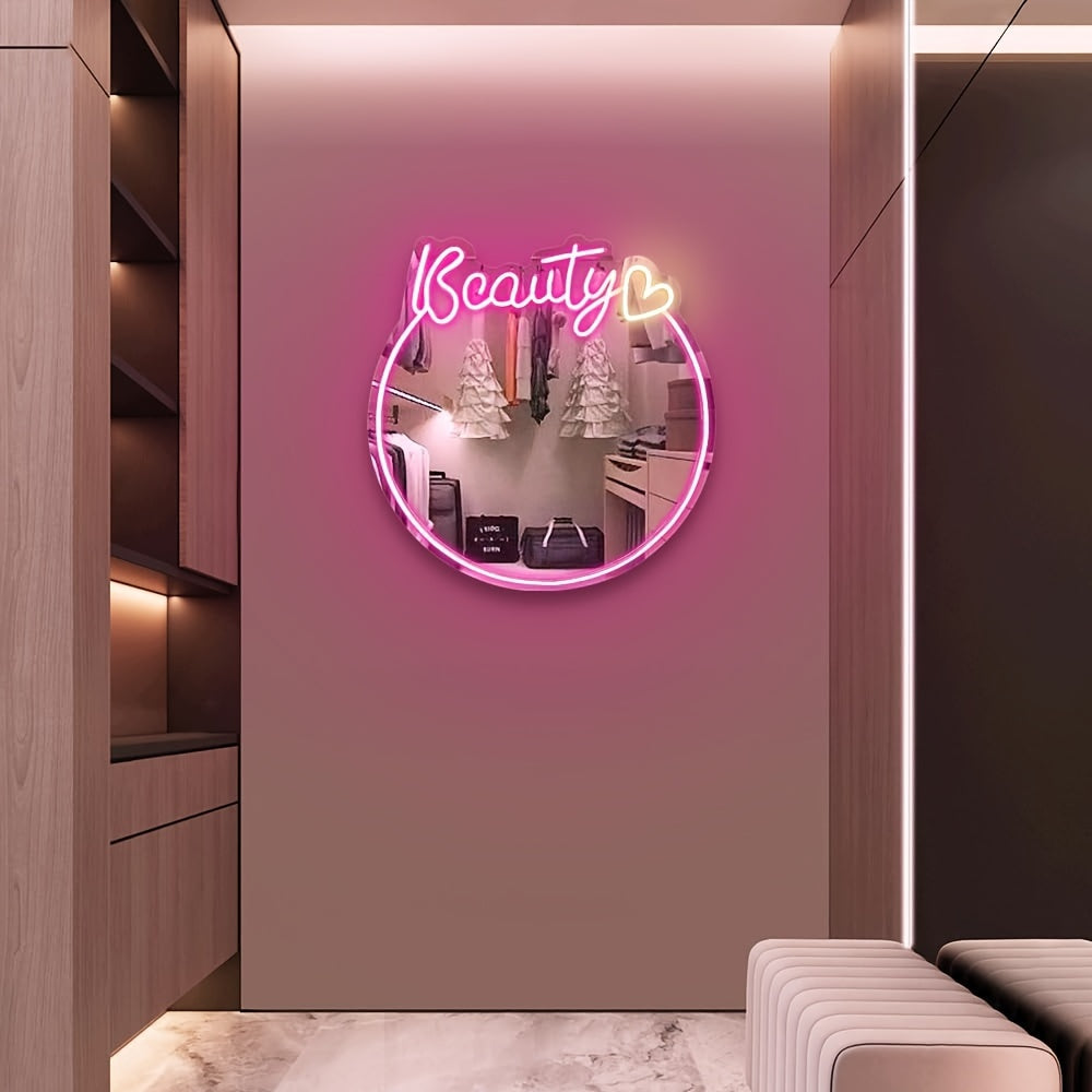 Beauty Neon Mirror - Wall Mount, USB-Powered Mirror Light for Girls' Room or Beauty Salon