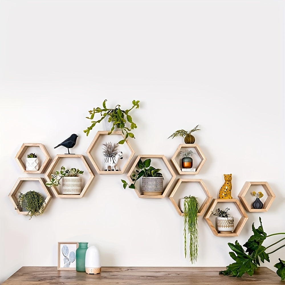 HexaWood - 3 Pieces Wooden Hexagonal Floating Wall Shelves for Kitchen, Living Room & Bedroom