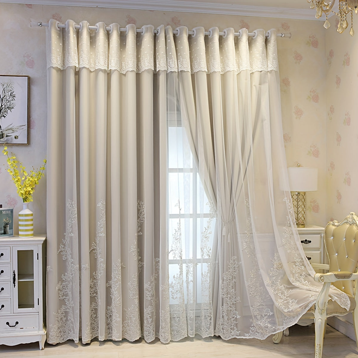 2 Peças Cortinados Bordados de Fada Elfo - Painéis de Cortinado Translúcidos com Tecido Integrado e Argolas