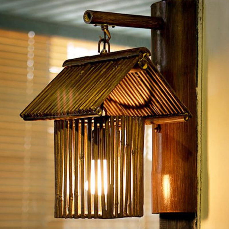 Lampada da Parete in Bambù - Lampada da Parete Asiatica in Caffè Scuro/Kaki