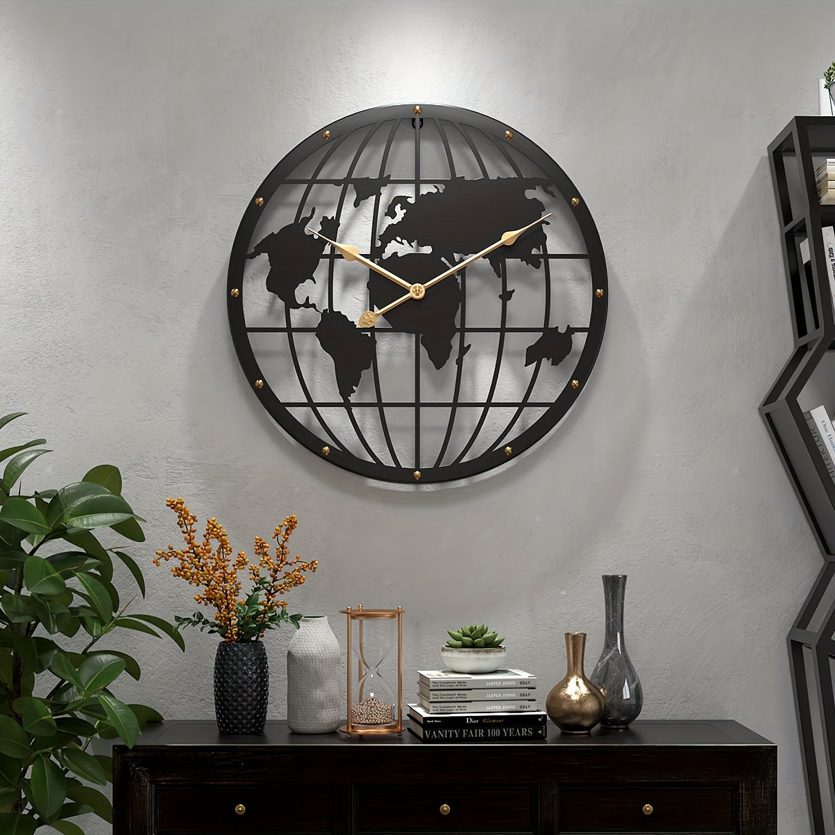 Wereldkaart Wandklok - Stille 40cm Metalen Klok met Gouden Cijfers