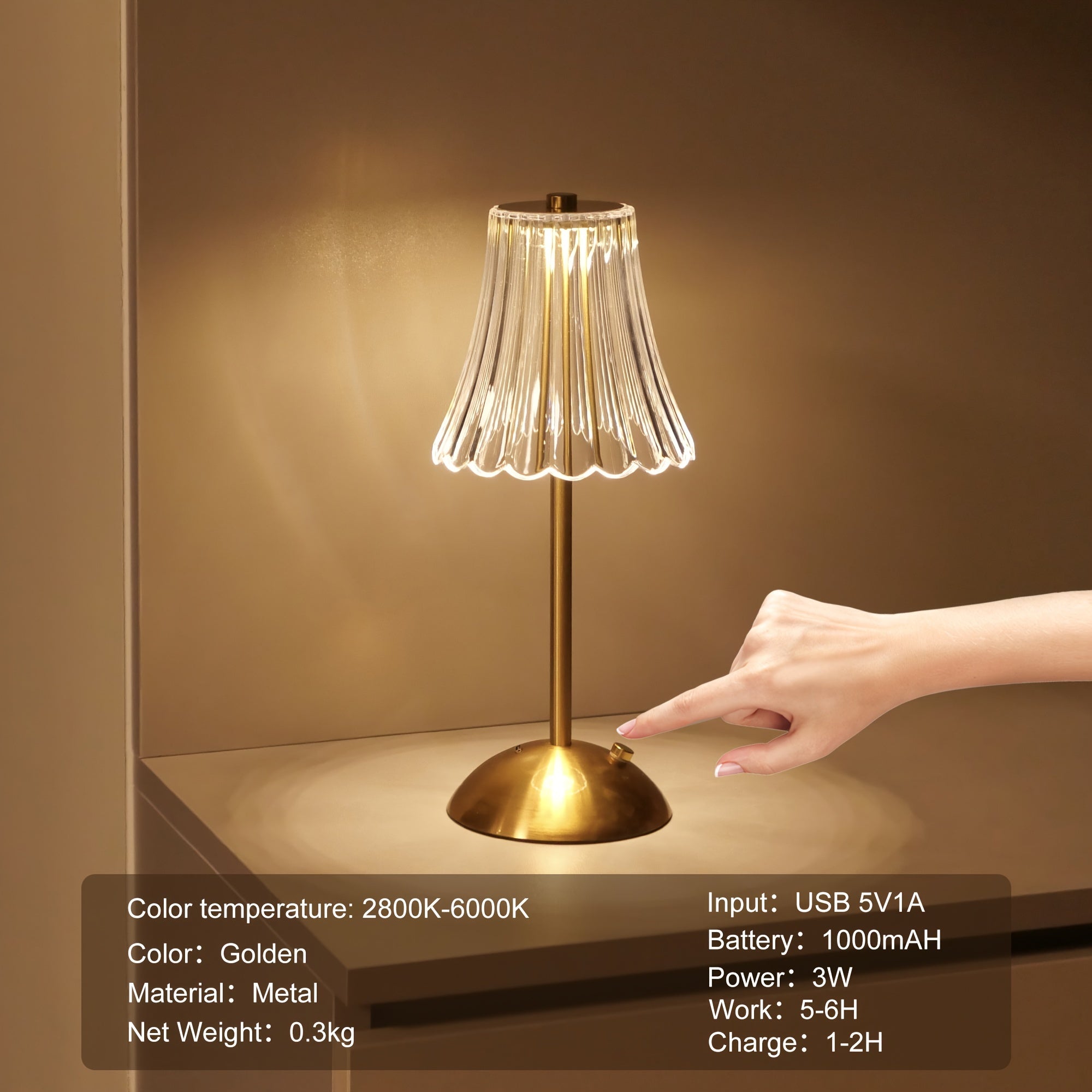 Crystaluxe - LED Crystal Table Lamp with Touch Control, Three-Color Light