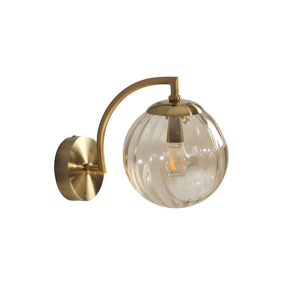 Lampada da parete con braccio curvo 1-Licht e paralume in vetro rigato a forma di sfera