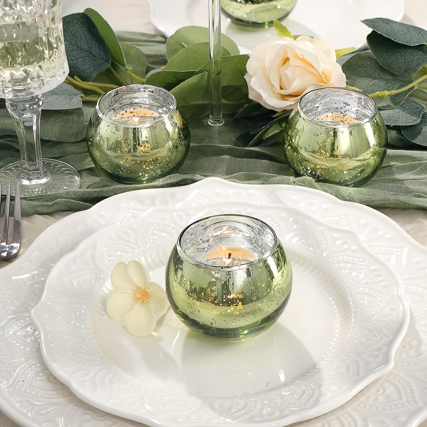 6/12 pieces Green Glass Tea Light Holders - Table Decoration for Parties