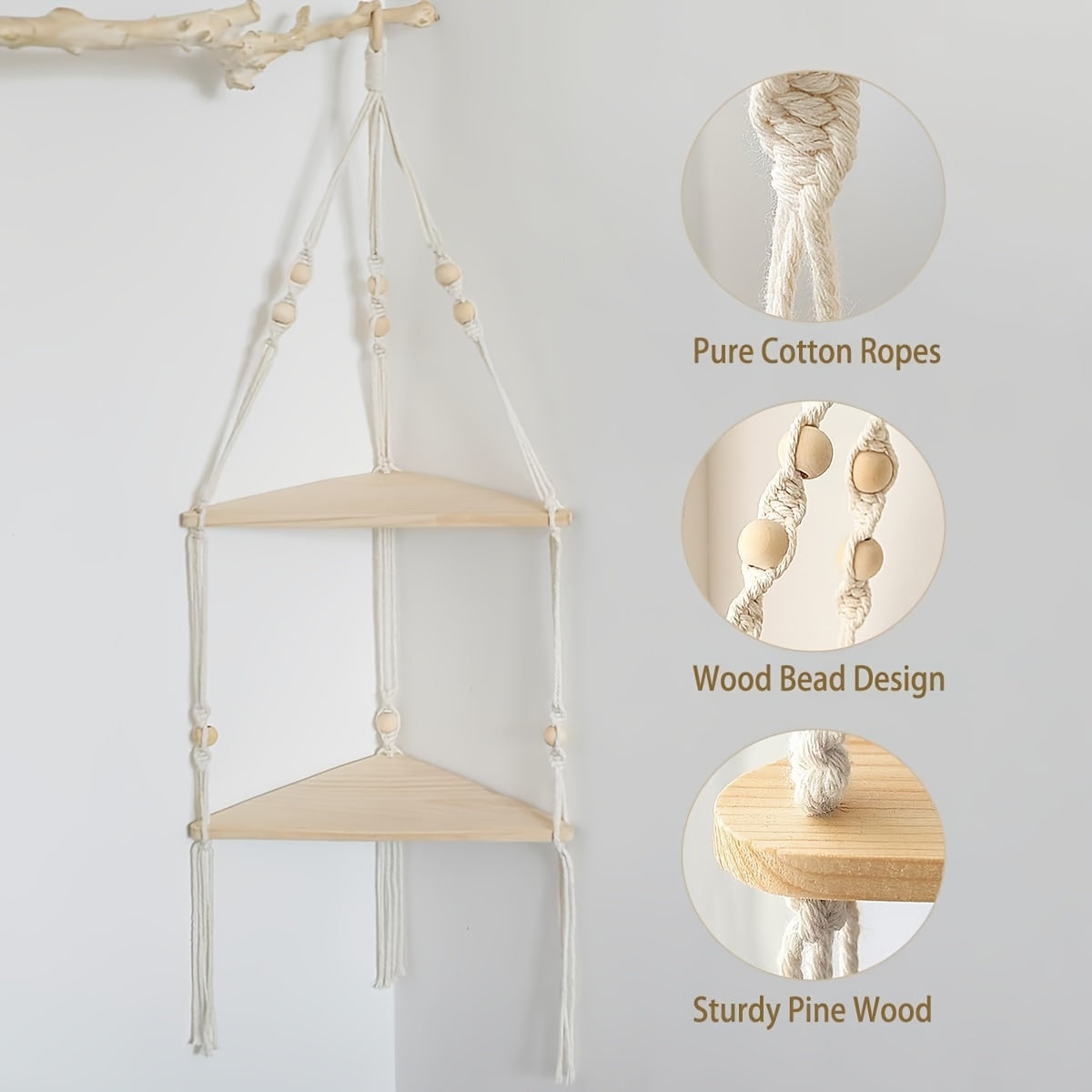 MacrameShelf - Boho Floating Shelves with 2 Layers for Bedroom, Bathroom & Living Room