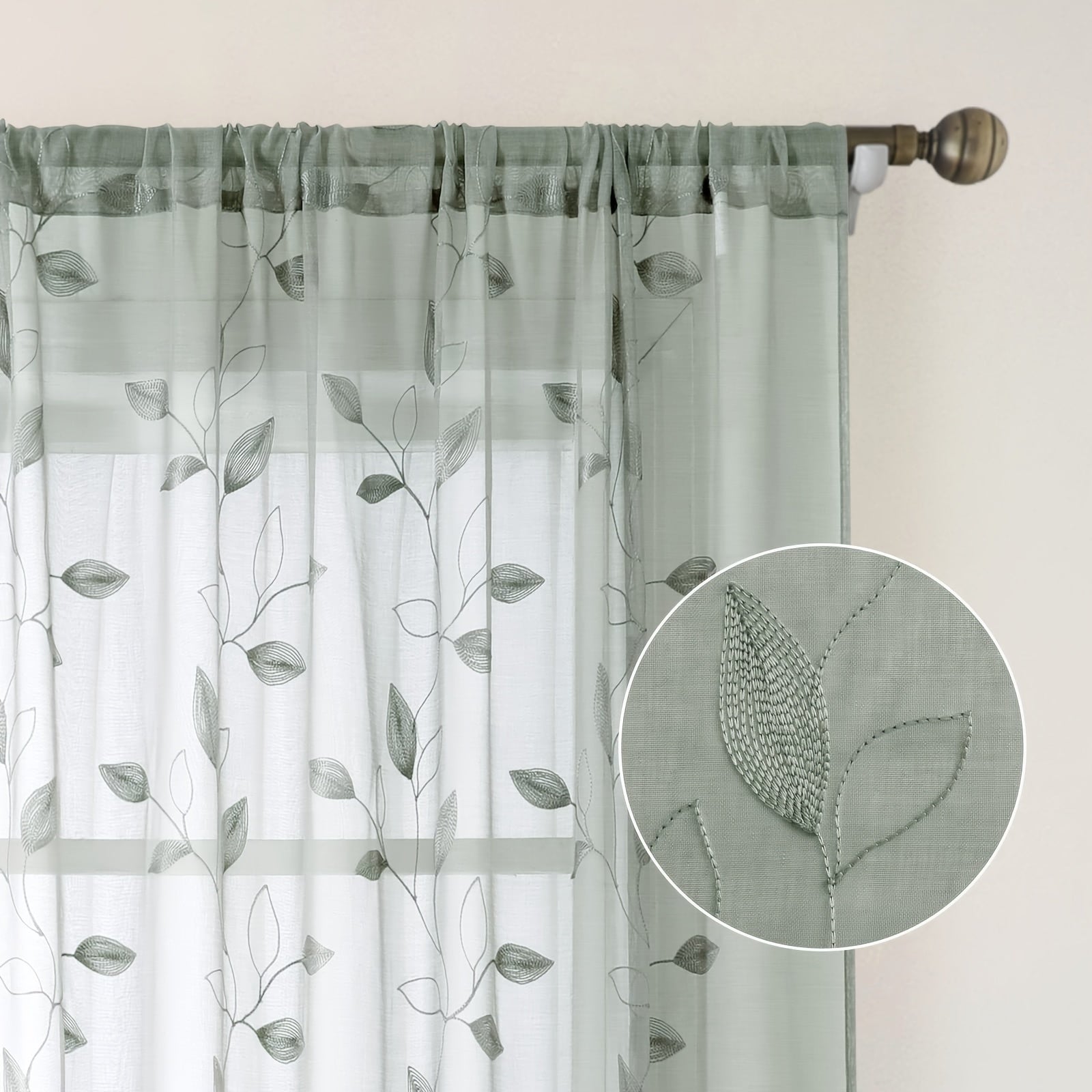Embroidered Curtains with Leaves - 2 Pieces Semi-transparent for Bedroom and Living Room