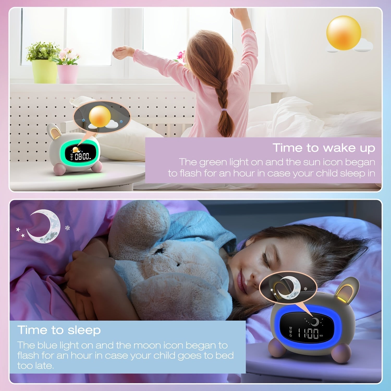 BunnyTime - Relógio de Treino de Sono Fofo com Música e Luz Noturna