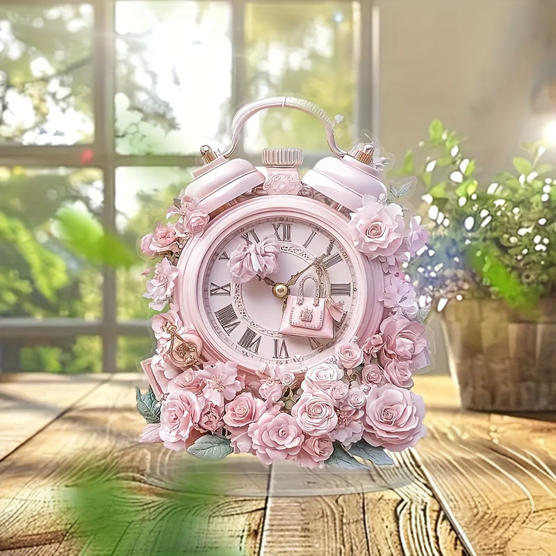 BohoClock - Sveglia Bohemien con Fiori Rosa e Display Acrilico