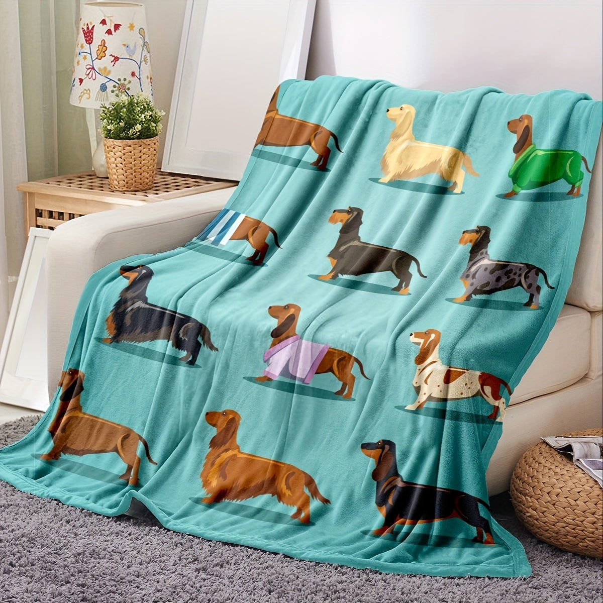Teckel Fleece Blanket - Soft Flannel with Wiener Dog Print, Blue