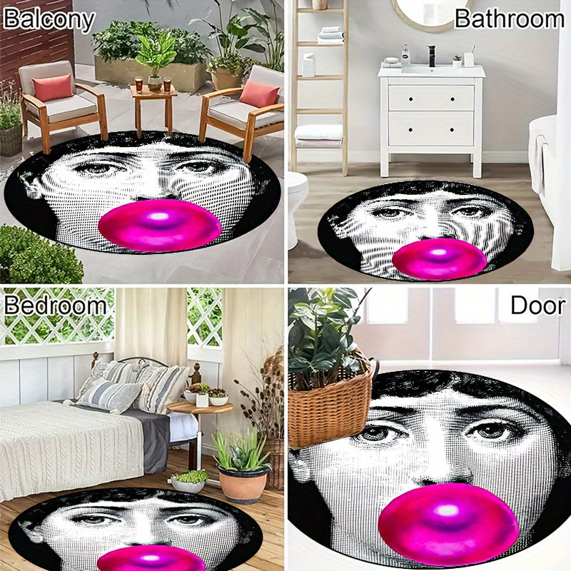 Tappeto Rotondo Donna che Soffia Bolle - Antiscivolo, Lavabile, Morbido Tappeto in Poliestere per Soggiorno, Camera da Letto, Ingresso, Patio e Giardino