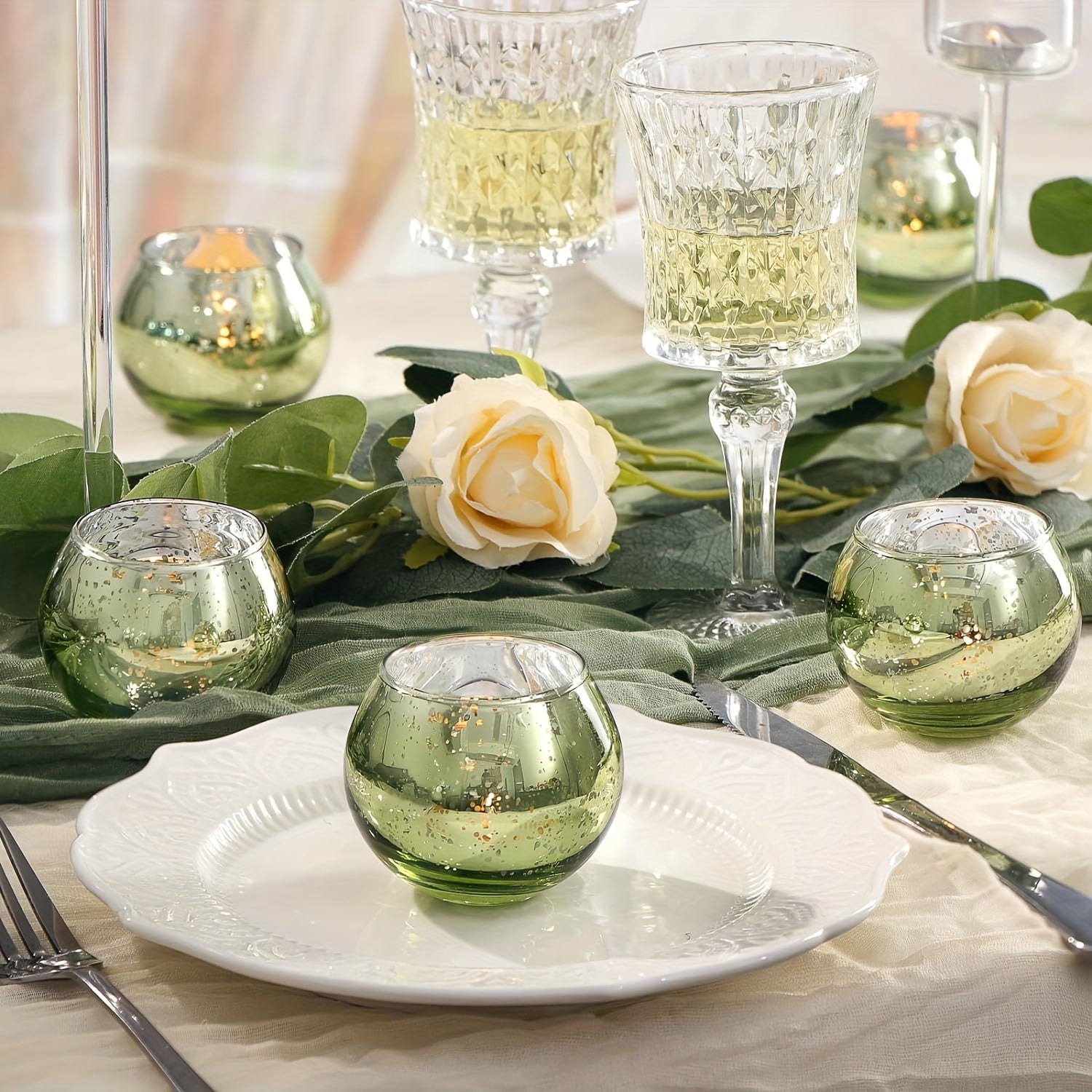 6/12 pieces Green Glass Tea Light Holders - Table Decoration for Parties
