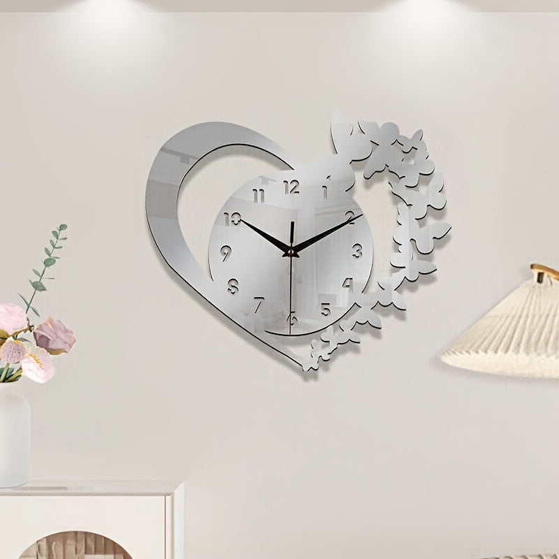 Relógio de Parede Acrílico Silencioso em Forma de Coração - Design Sem Moldura de Amor para Sala de Estar, Quarto e Escritório