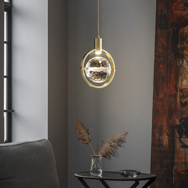 Lámpara colgante LED moderna de anillo con cristal