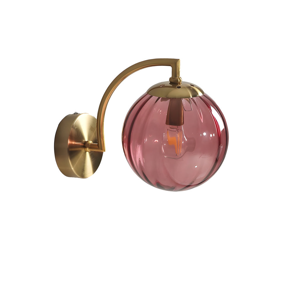 Lampada da parete con braccio curvo 1-Licht e paralume in vetro rigato a forma di sfera