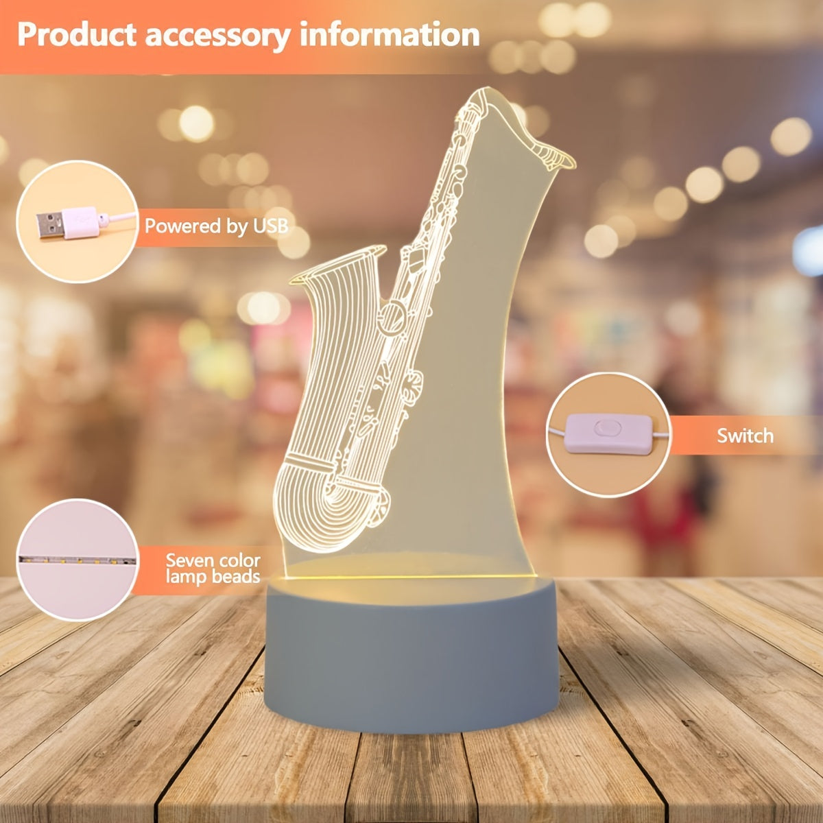 SaxGlow - 3D Saxophone LED Night Lamp, USB-Powered Table Lamp