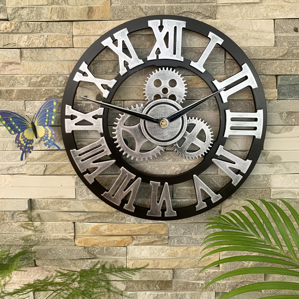 Oversized Silver-Colored Roman Gear Wall Clock - Silent Clock for Living Room, Office, and Kitchen Product Description