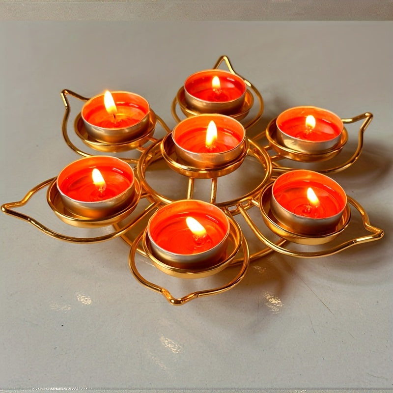Conjunto de 7 Suportes Metálicos para Velas de Chá - Desenho de Flor de Lótus, Decoração de Mesa Lacada