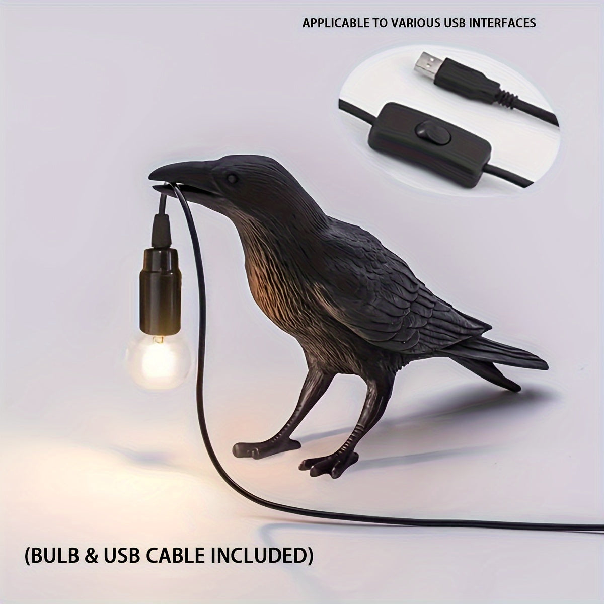 RavenLight - Black Raven Table Lamp, USB Powered, Resin Lamp for Living Room and Bedroom
