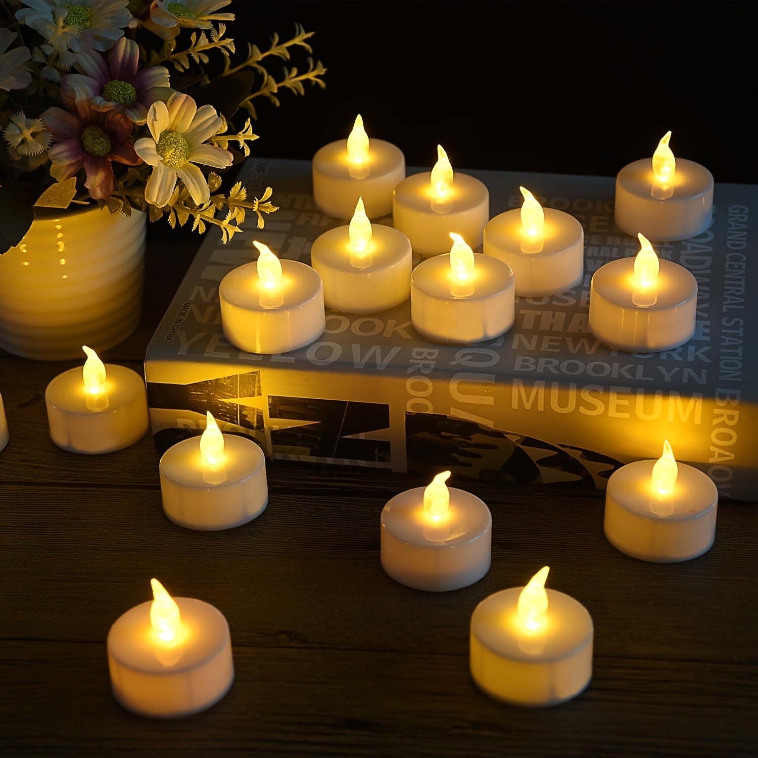 Velas de Chá LED - Alimentadas a Pilhas, Amarelo Quente, Velas Sem Chama, Luz Cintilante por Mais de 150 Horas (5, 12, 24, 50 unidades)