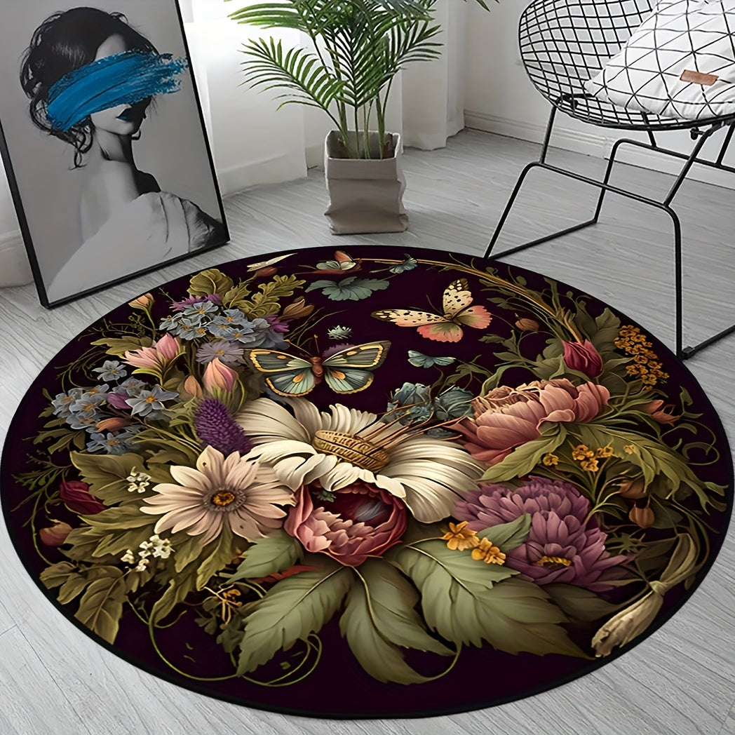 Alfombra Redonda Floral Mariposa Oscura - Antideslizante, Lavable, Suave y Cómoda Alfombra de Poliéster para Sala, Dormitorio, Oficina y Habitación Infantil