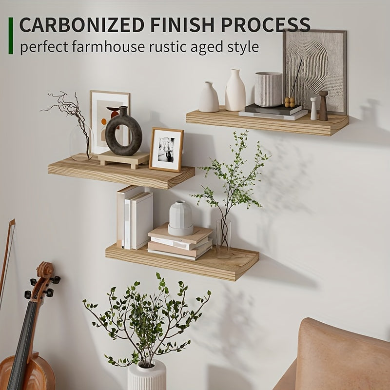 RusticShelf - Conjunto de 3 Prateleiras Flutuantes - Estantes de Madeira em Preto