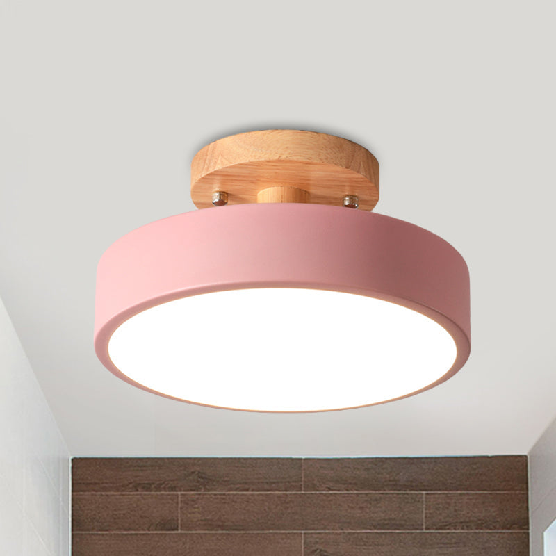 Lámpara de techo LED escandinava con tambor y madera para pasillo