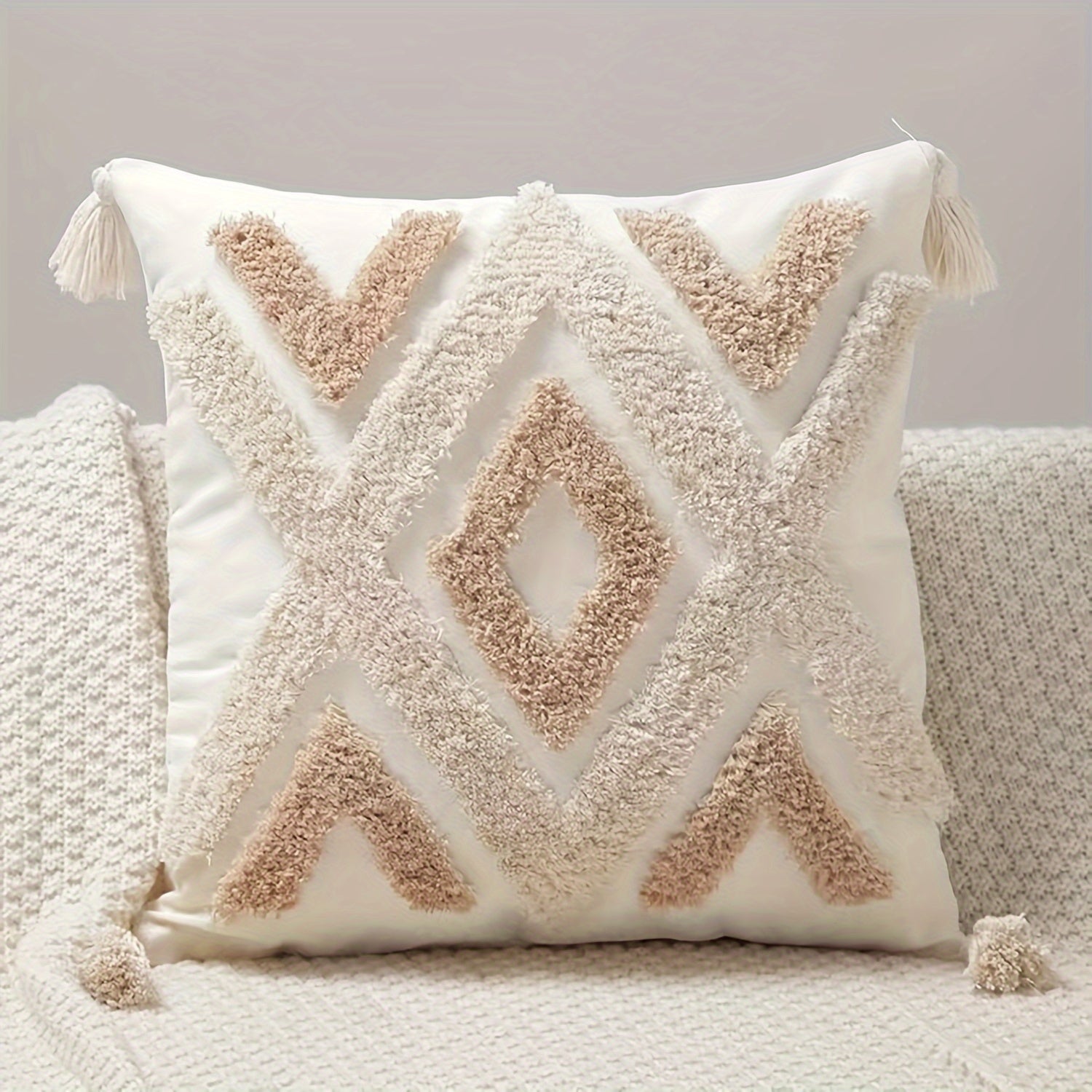 Boho Beige Cushion Cover with Tassels - For Sofa and Bed (without filling)