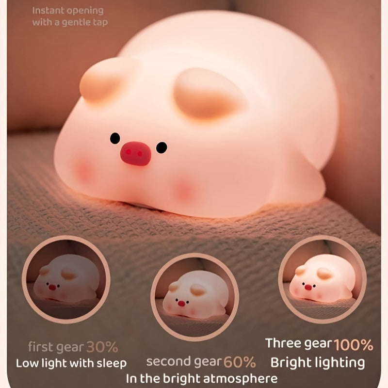 PiggyGlow - Cute Pink Pig LED Night Light, Rechargeable and Touch-Controlled