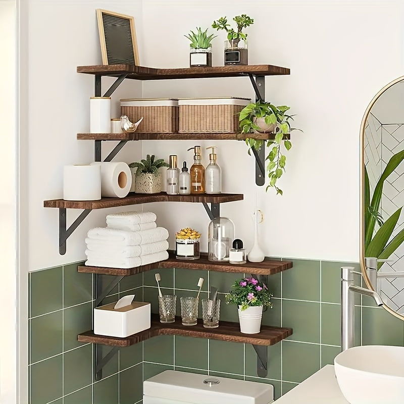 RusticCorner - 3/5 Pieces Floating Corner Shelf - Wooden Wall Decoration and Storage Rack