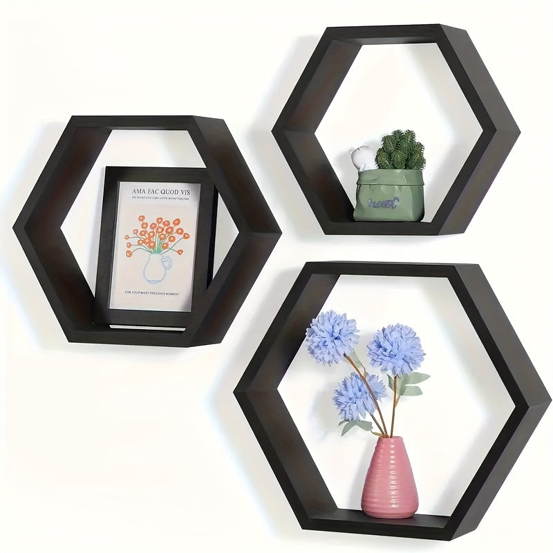 HexaWood - Set of 3 Hexagonal Wooden Floating Shelves for Living and Workspace