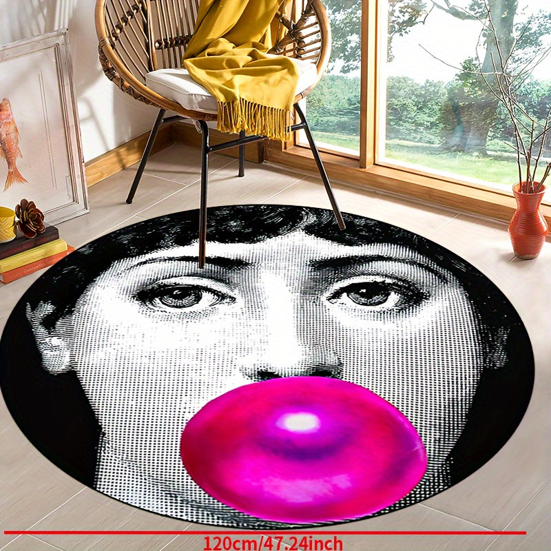 Tappeto Rotondo Donna che Soffia Bolle - Antiscivolo, Lavabile, Morbido Tappeto in Poliestere per Soggiorno, Camera da Letto, Ingresso, Patio e Giardino