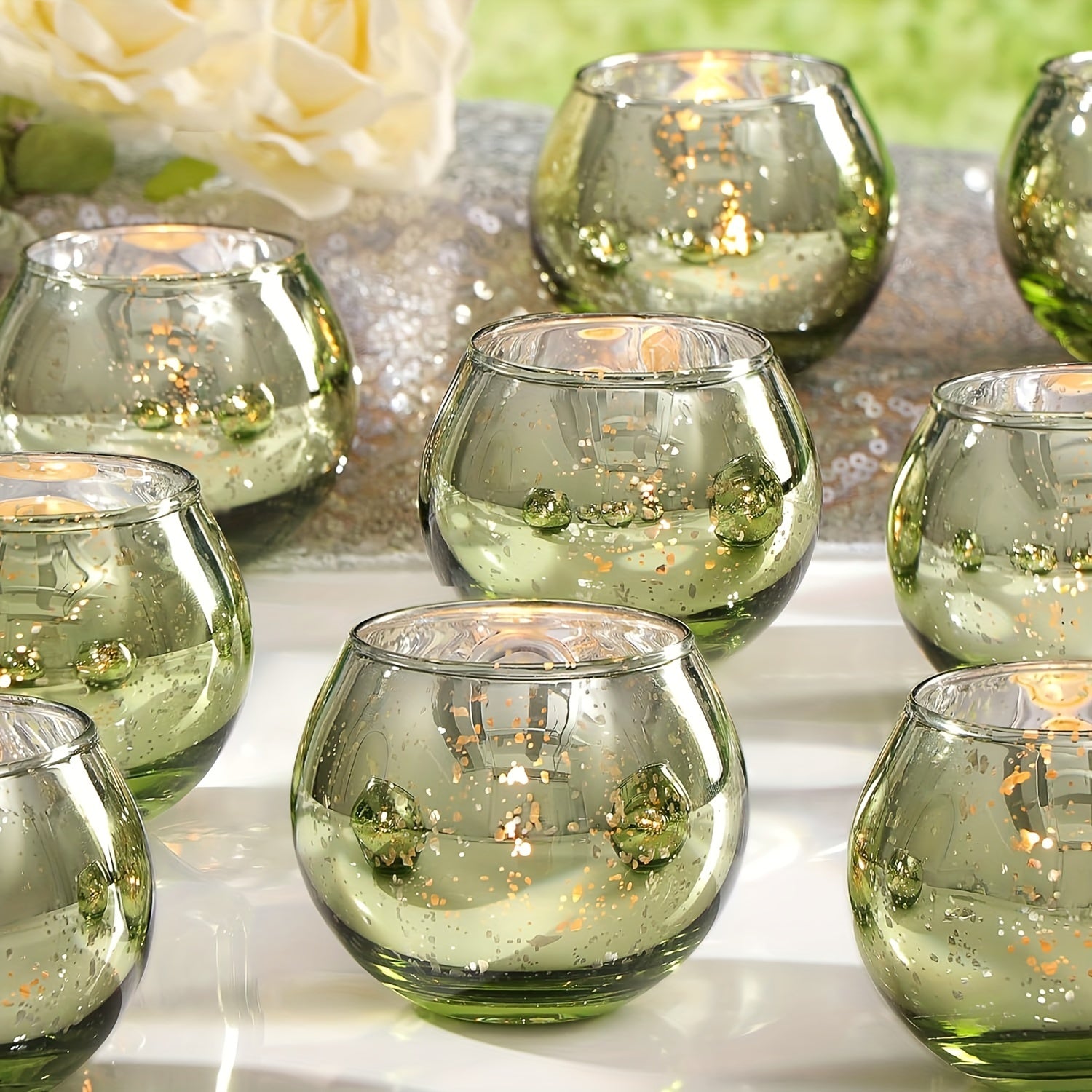 6/12 pieces Green Glass Tea Light Holders - Table Decoration for Parties