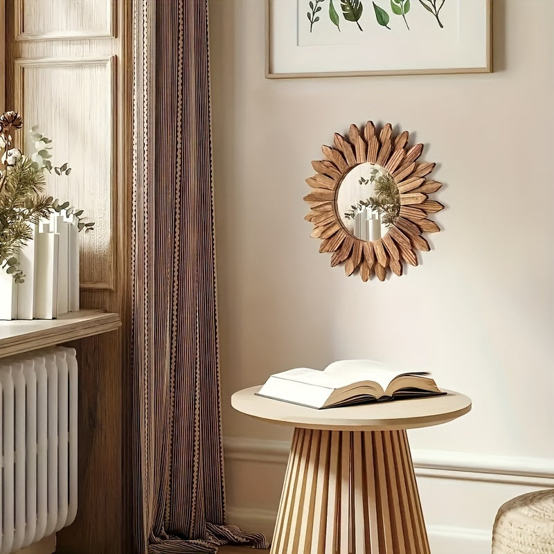 1 Piece Bohemian Sunflower Mirror - Wooden Wall Mirror, Decorative Mirror
