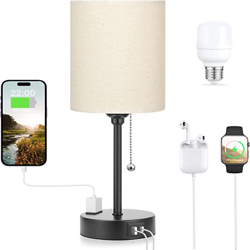 Candeeiro de quarto - 3 Temperaturas de Cor, Portas USB-C e USB-A, Candeeiro de Mesa com Cordão e Tomada CA