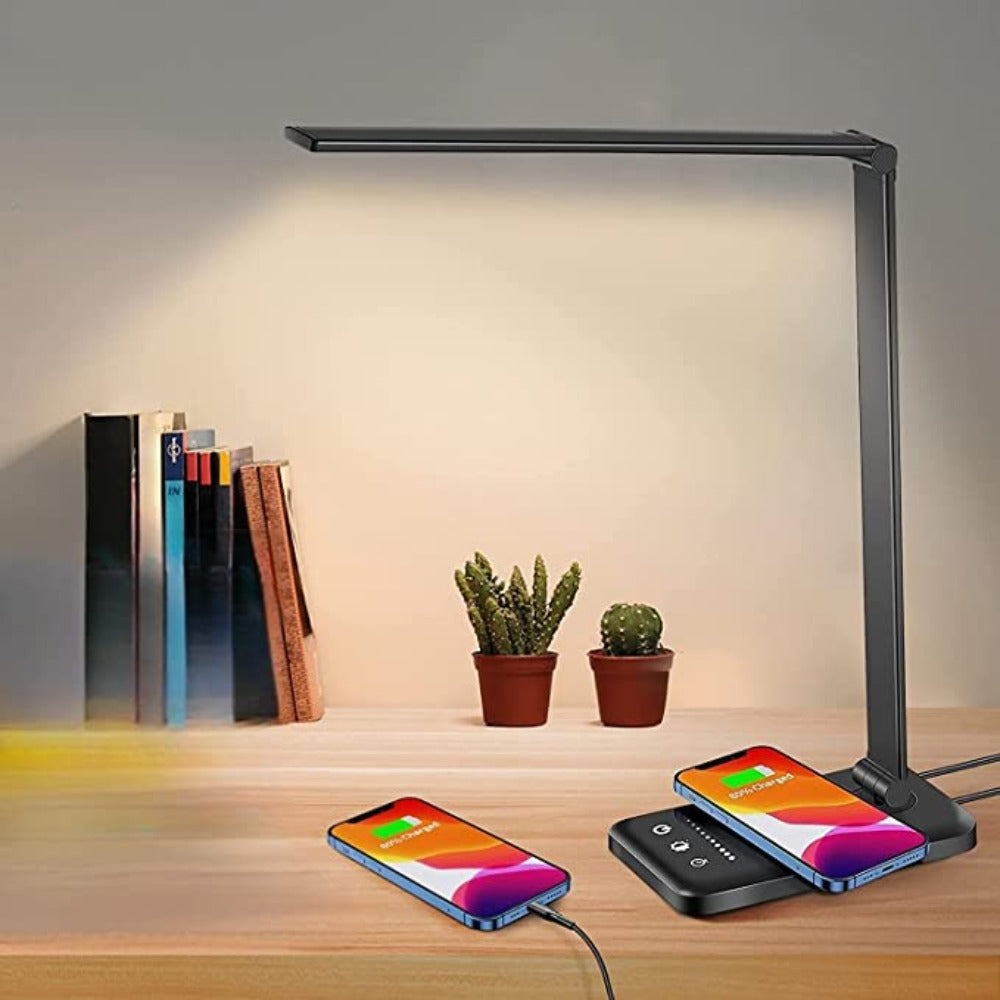 Candeeiro de Mesa LED - Candeeiro de Mesa com Porta de Carregamento USB, 5 Modos de Luz e Níveis de Brilho